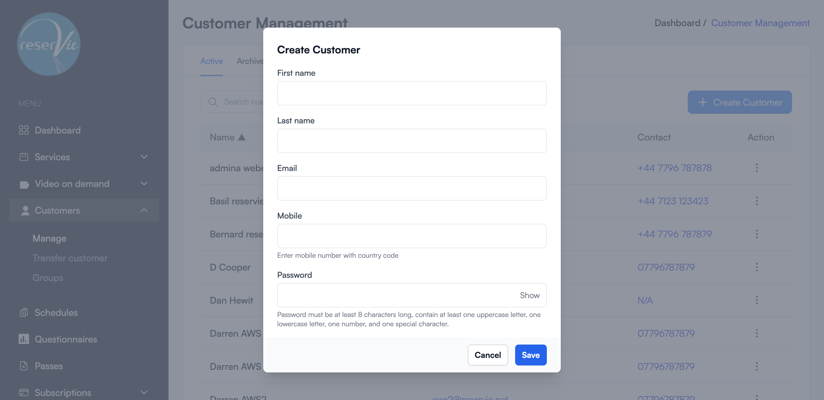Create Customer modal showing First name, Last name, Email, Mobile, and Password fields