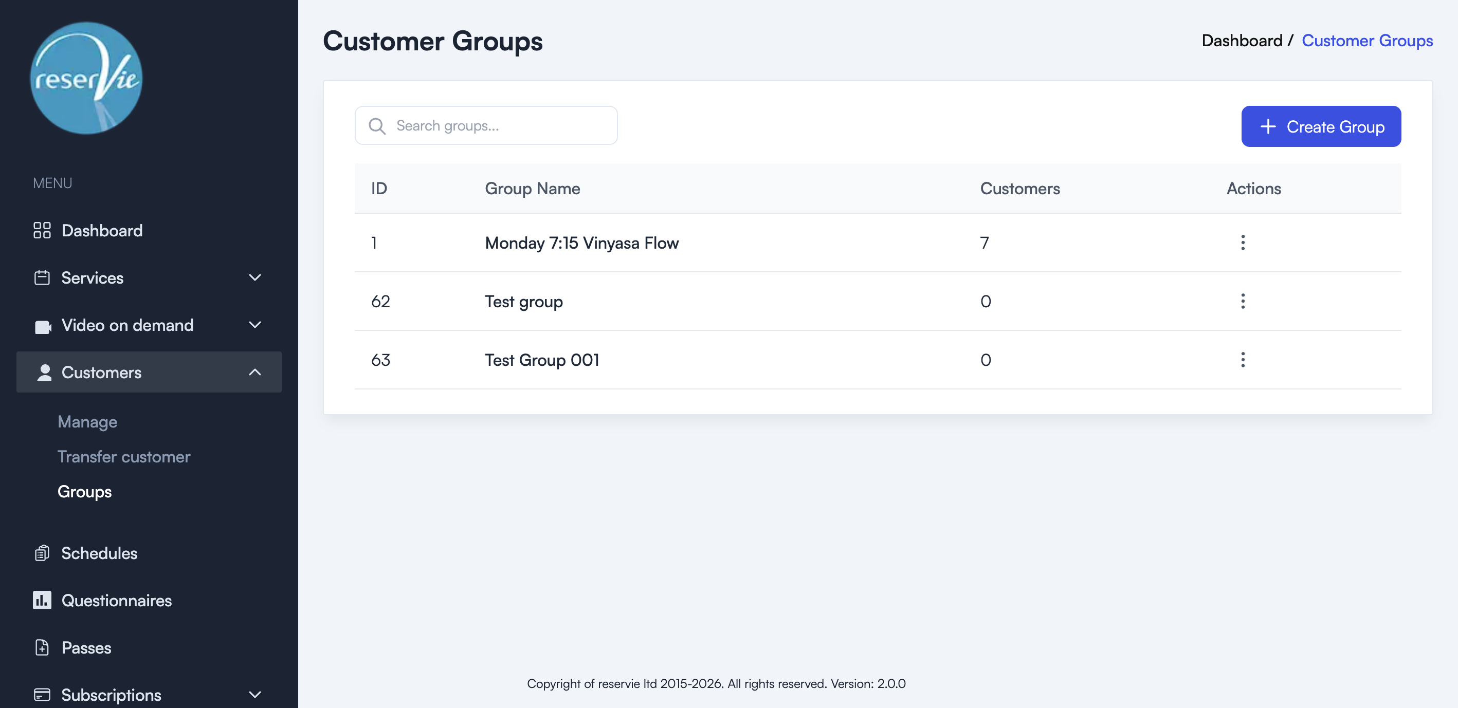 Customer Groups page showing a list of groups with ID, Group Name, Customers count, and Actions