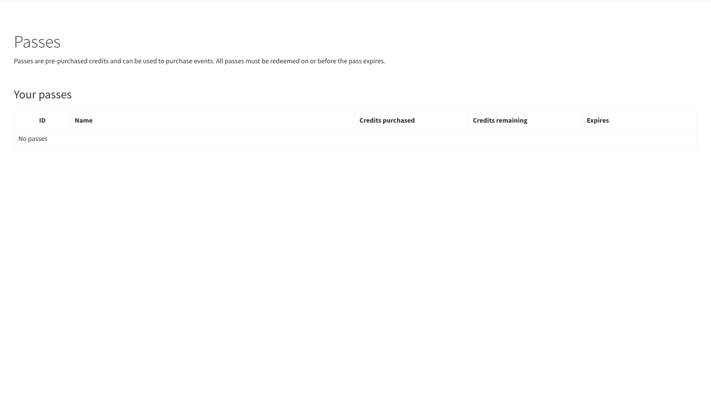 reservie customer portal passes section showing credits and expiry dates