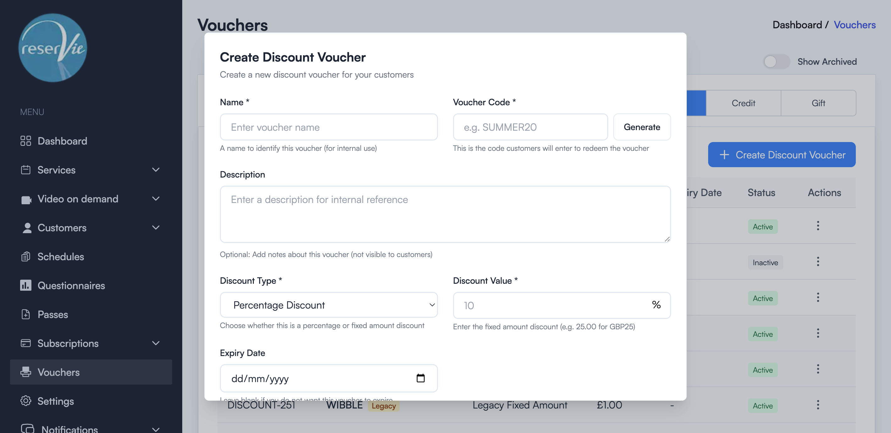 Create Discount Voucher form