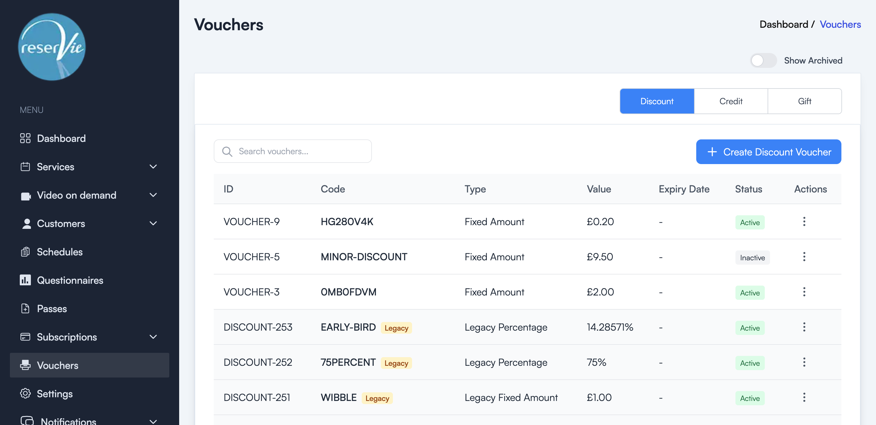 Vouchers page showing the Discount tab with a list of discount vouchers