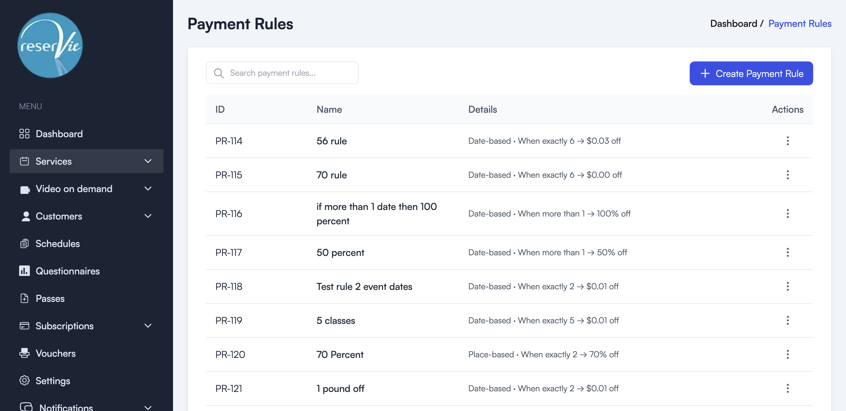 Payment Rules page showing a list of configured rules