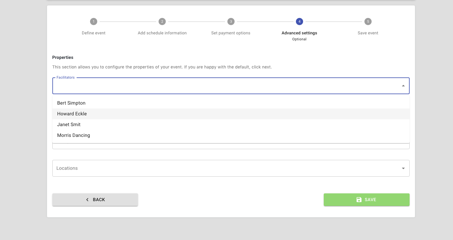 reservie event properties wizard with facilitator selection dropdown