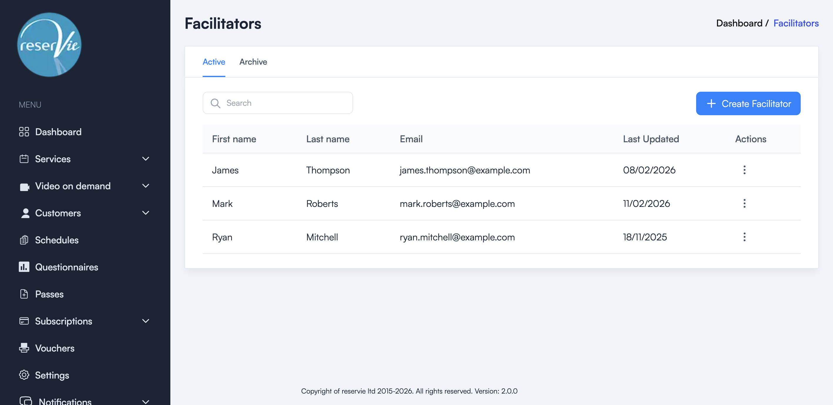 Facilitators page showing a list of active facilitators with search and Create Facilitator button