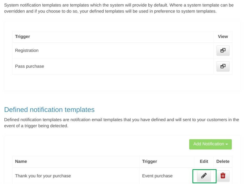 Step 4: reservie defined notification templates with edit icon for event purchase