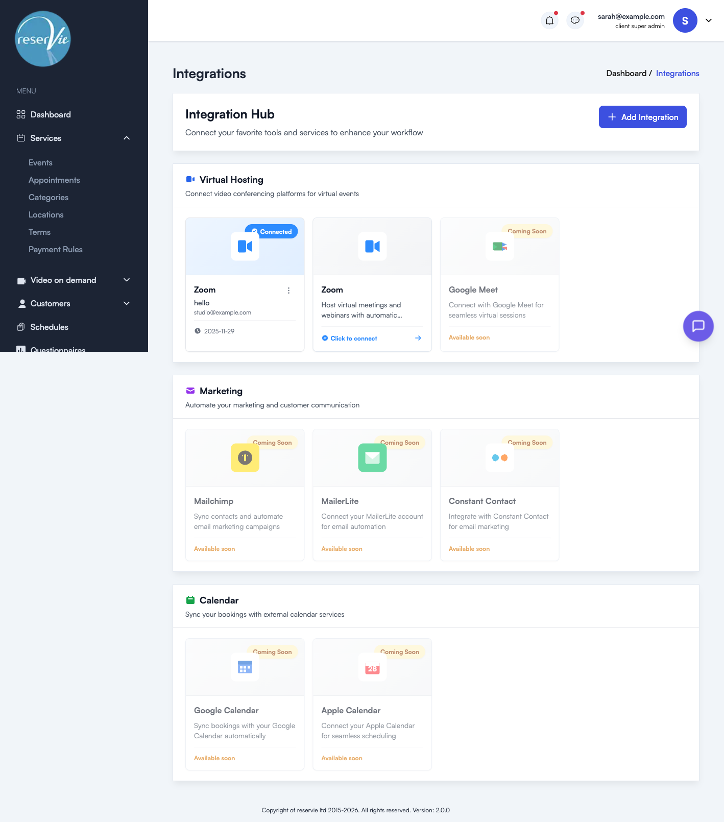 Integration Hub showing Virtual Hosting, Marketing, and Calendar sections