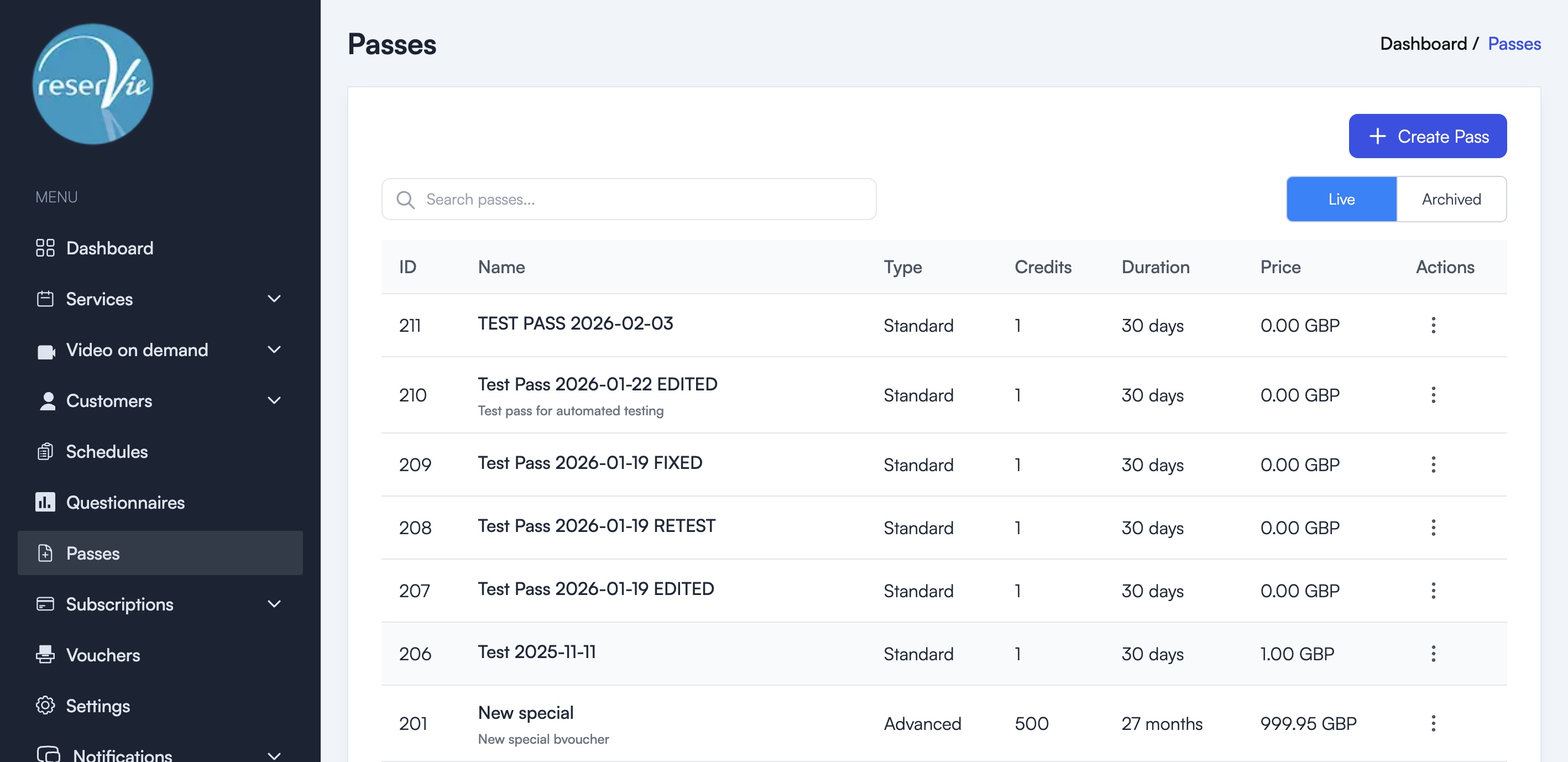 Passes page showing a list of passes with columns for ID, Name, Type, Credits, Duration, Price, and Actions