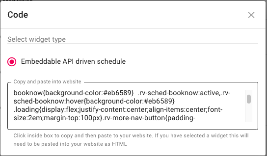 reservie code popup with copy and paste HTML box for website embedding