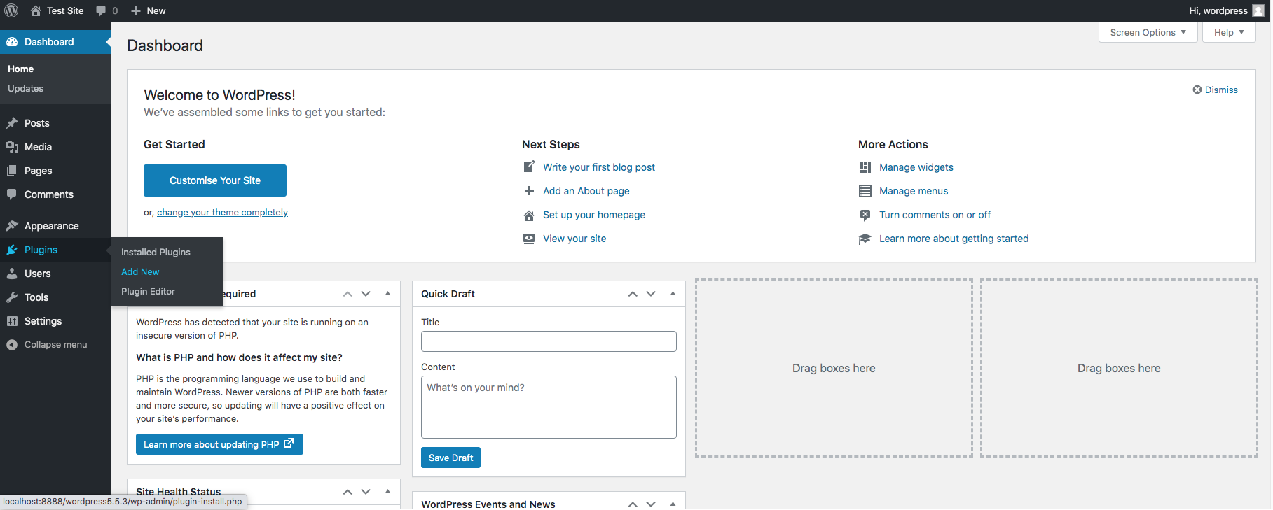 Step 2: wordpress admin plugins menu with add new option