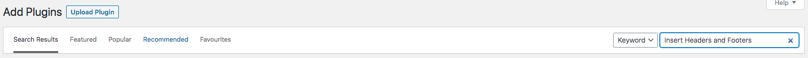 wordpress add plugins page with search bar for insert headers and footers