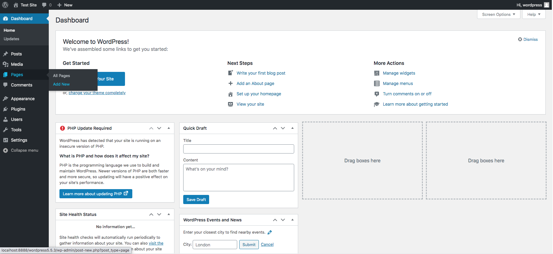 Step 1: wordpress admin panel creating a new page