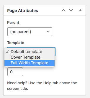 Step 9: wordpress page attributes set to full width with publish button