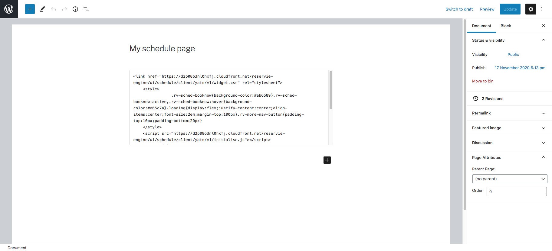 Step 4: wordpress HTML block with reservie schedule code pasted in