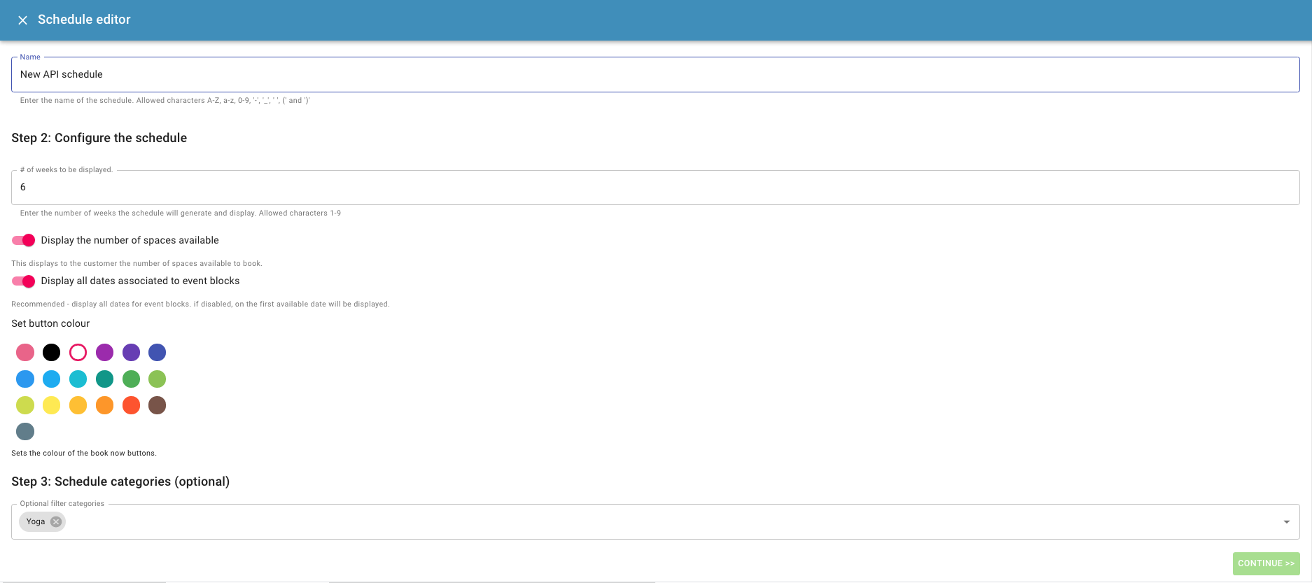 Step 3: reservie schedule editor form with name, weeks, and display options