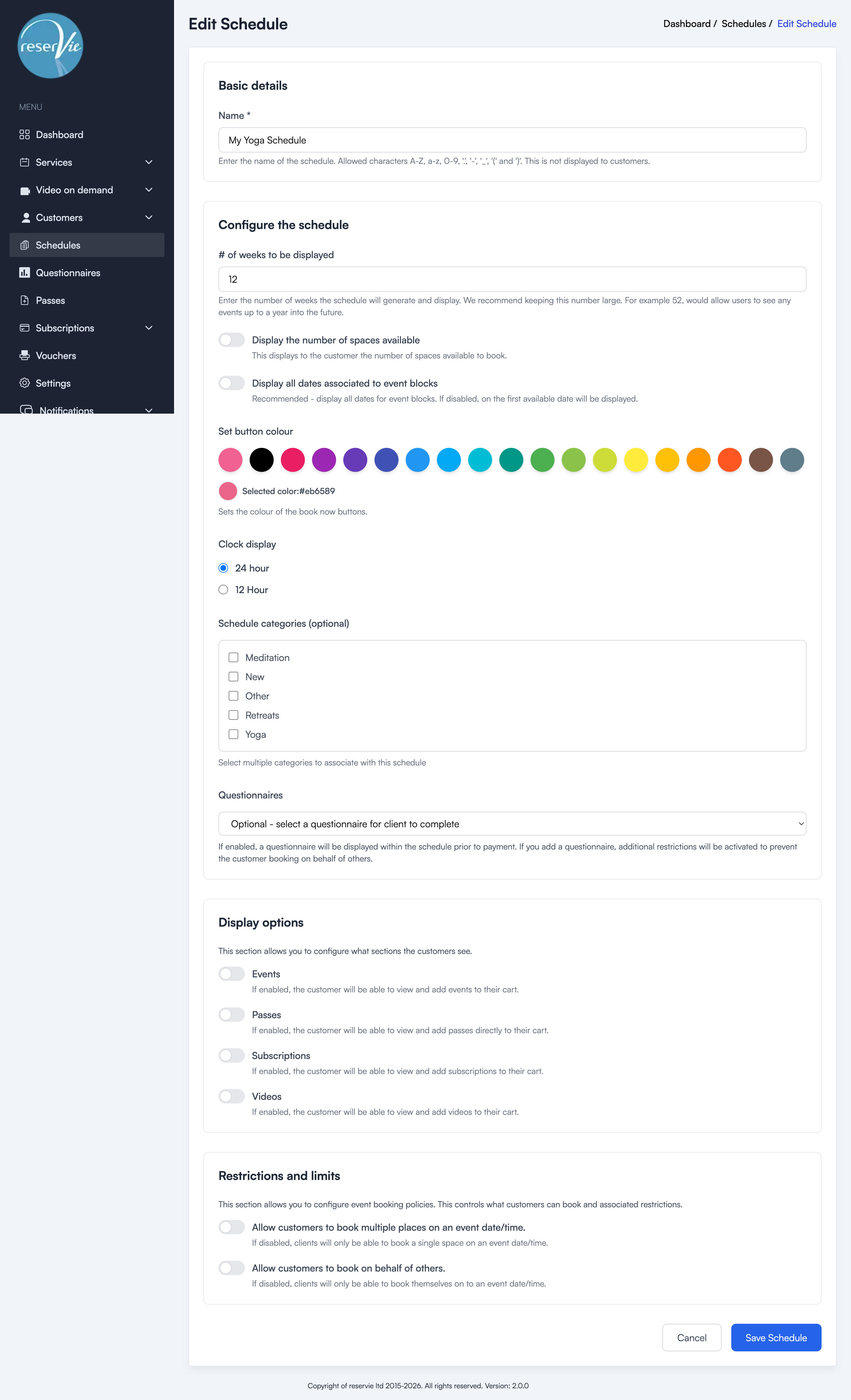 Schedule editor showing Basic details, Configure, Display options, and Restrictions sections