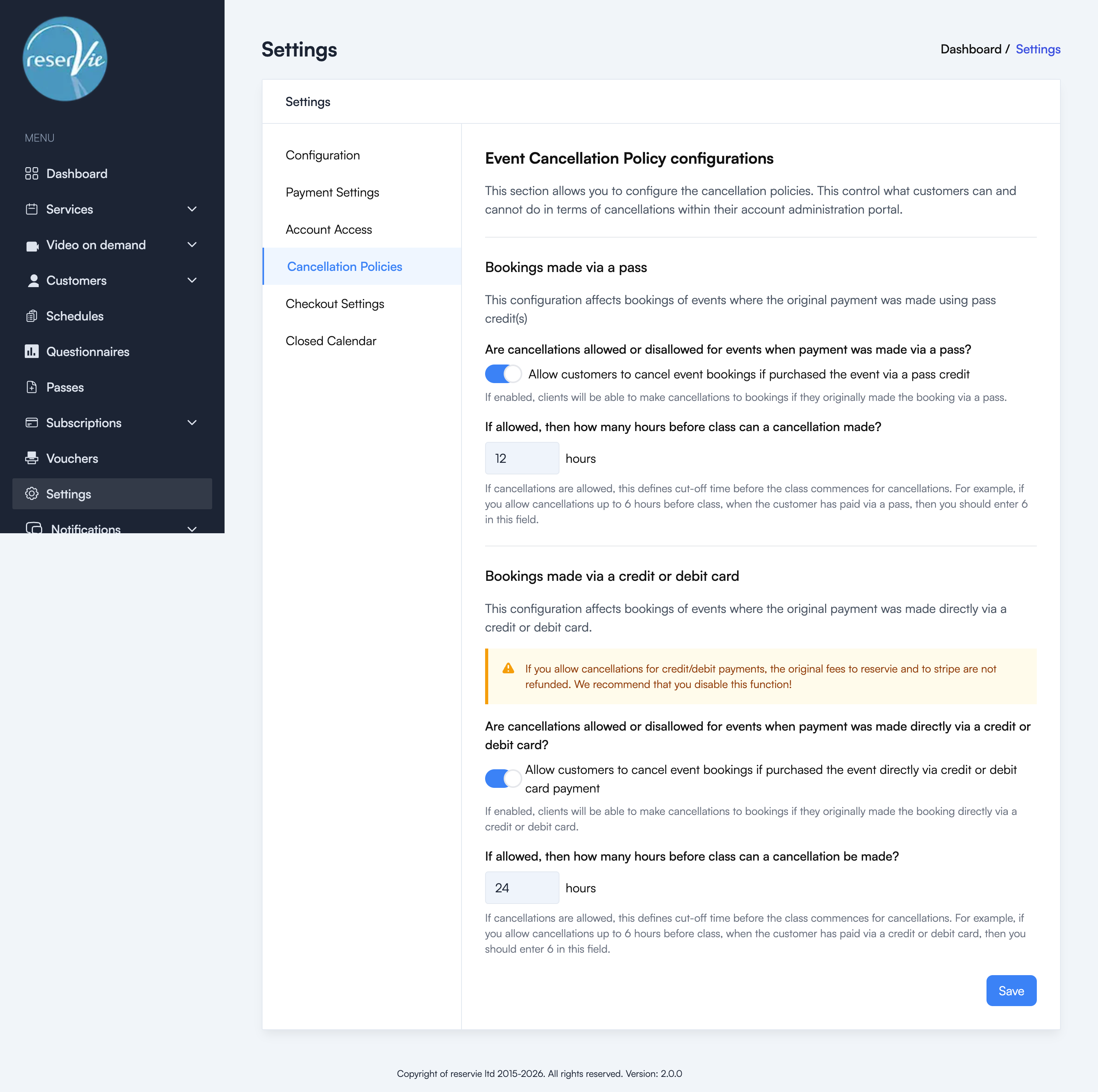 Cancellation Policies page showing pass and card payment settings