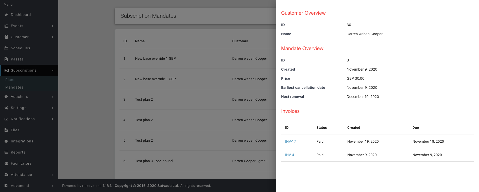 Step 2: reservie mandate detail showing customer, terms, and invoices