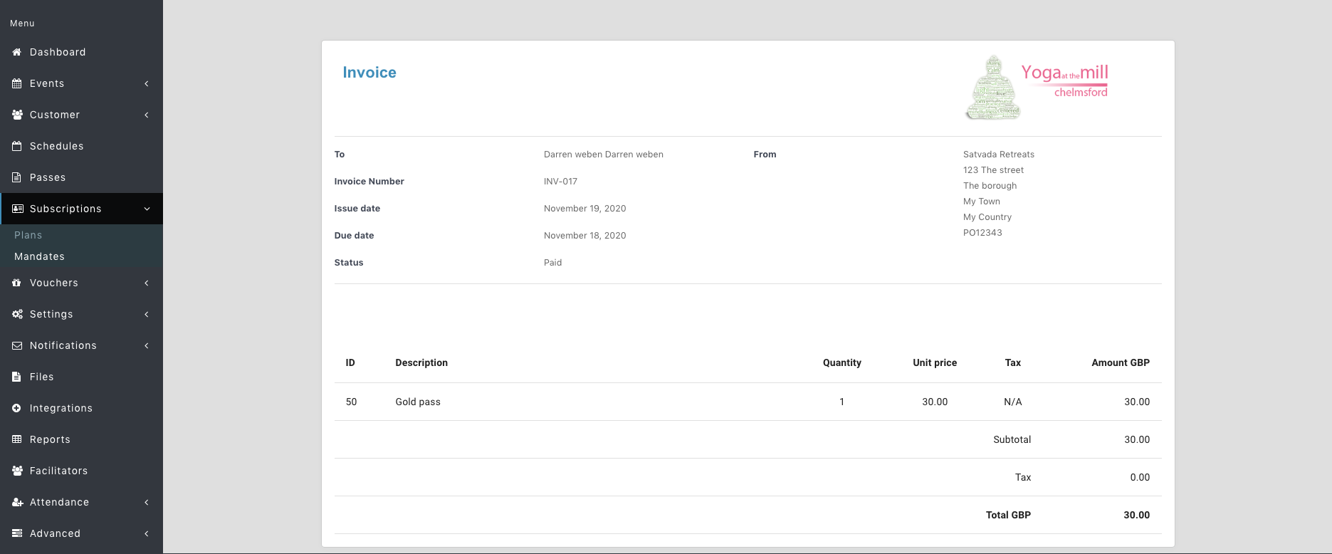 reservie invoice detail showing supplier info, dates, and payment status
