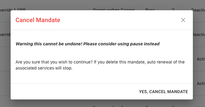 reservie confirmation dialog to cancel a mandate permanently