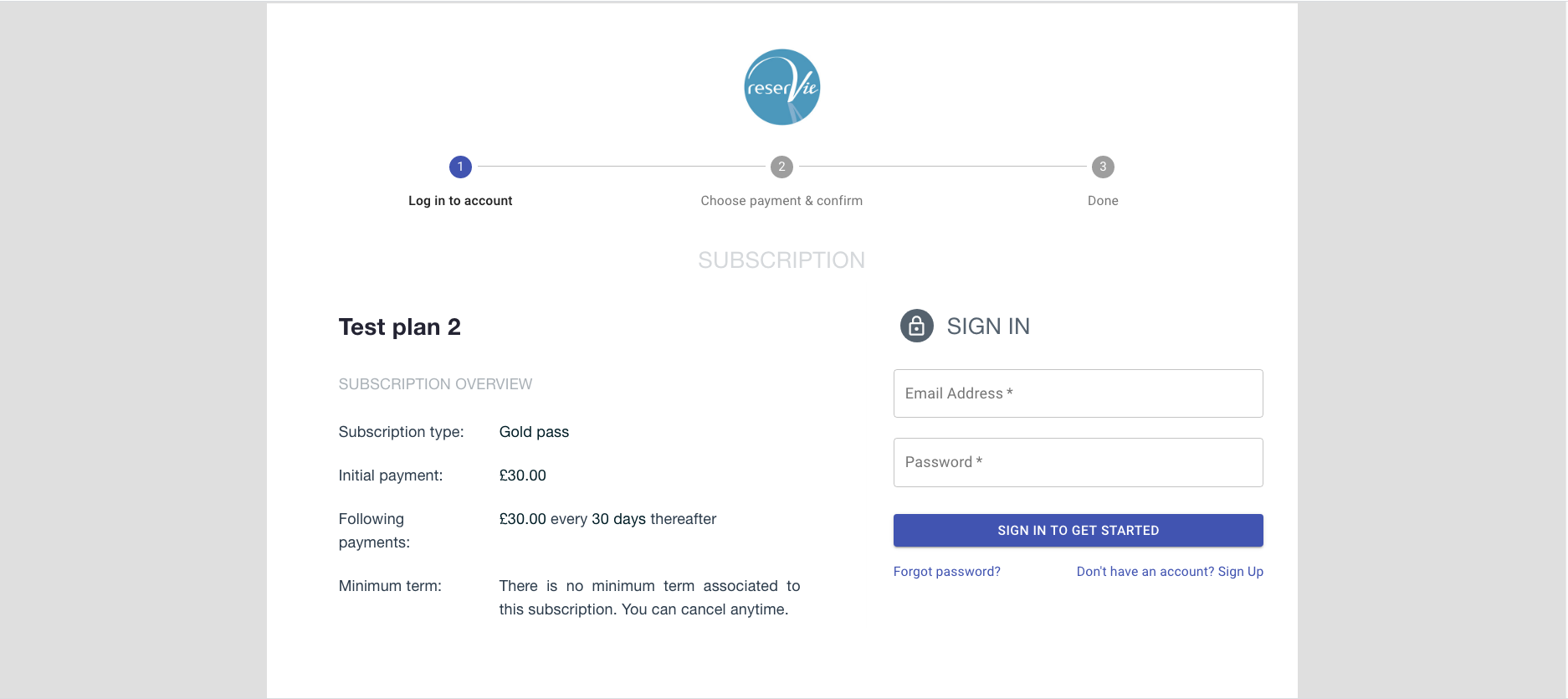 Step 1: reservie subscription mandate sign-up page with login prompt