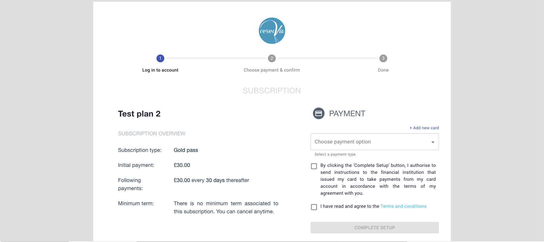 Step 2: reservie mandate overview showing plan name, type, and payment options