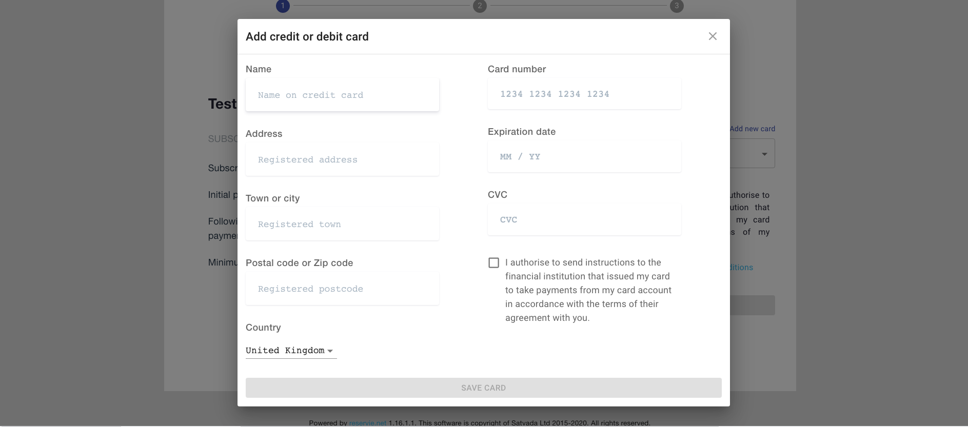 reservie add new credit card form for subscription payment