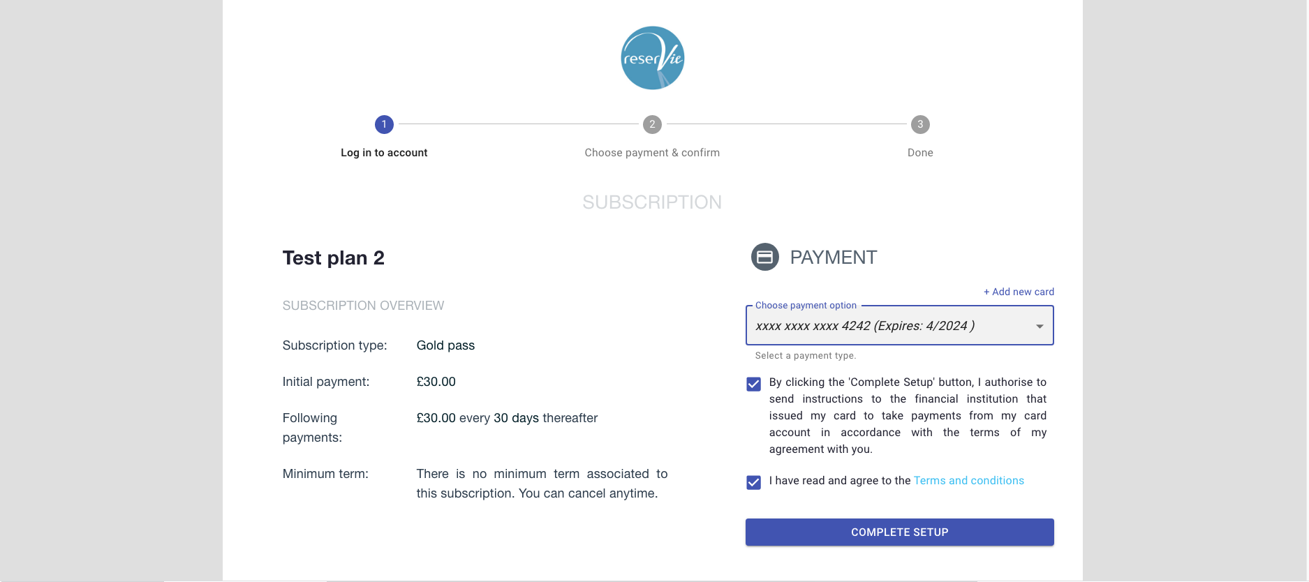 reservie mandate payment with existing card selected from dropdown