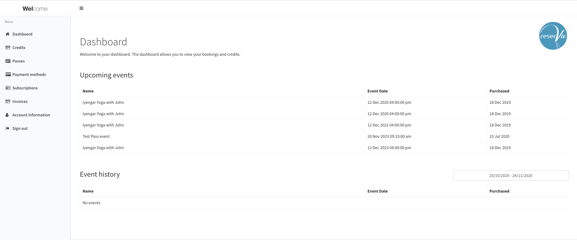 reservie customer portal dashboard with navigation menu options
