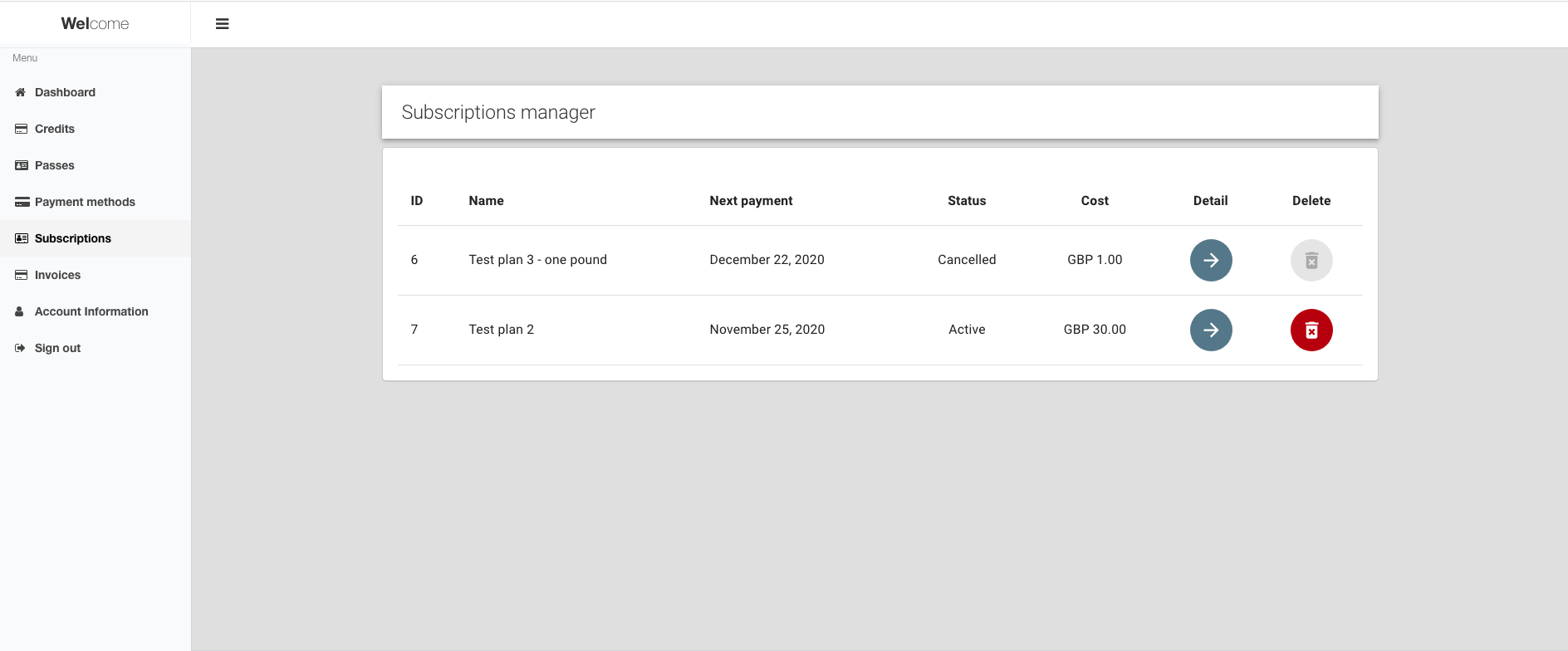 reservie customer portal subscriptions manager showing mandate list