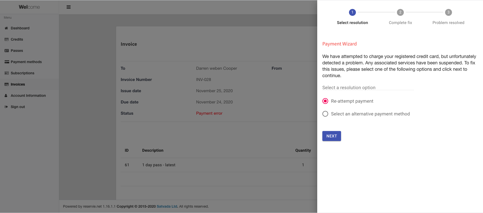 reservie payment error resolution options to re-attempt or change payment