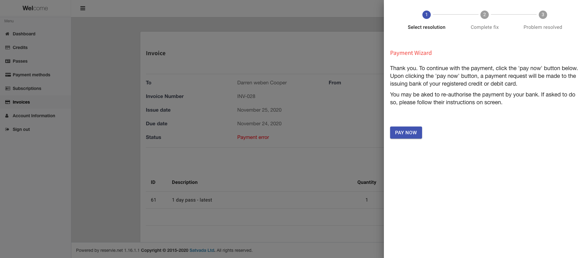 reservie re-attempt payment screen with pay now button
