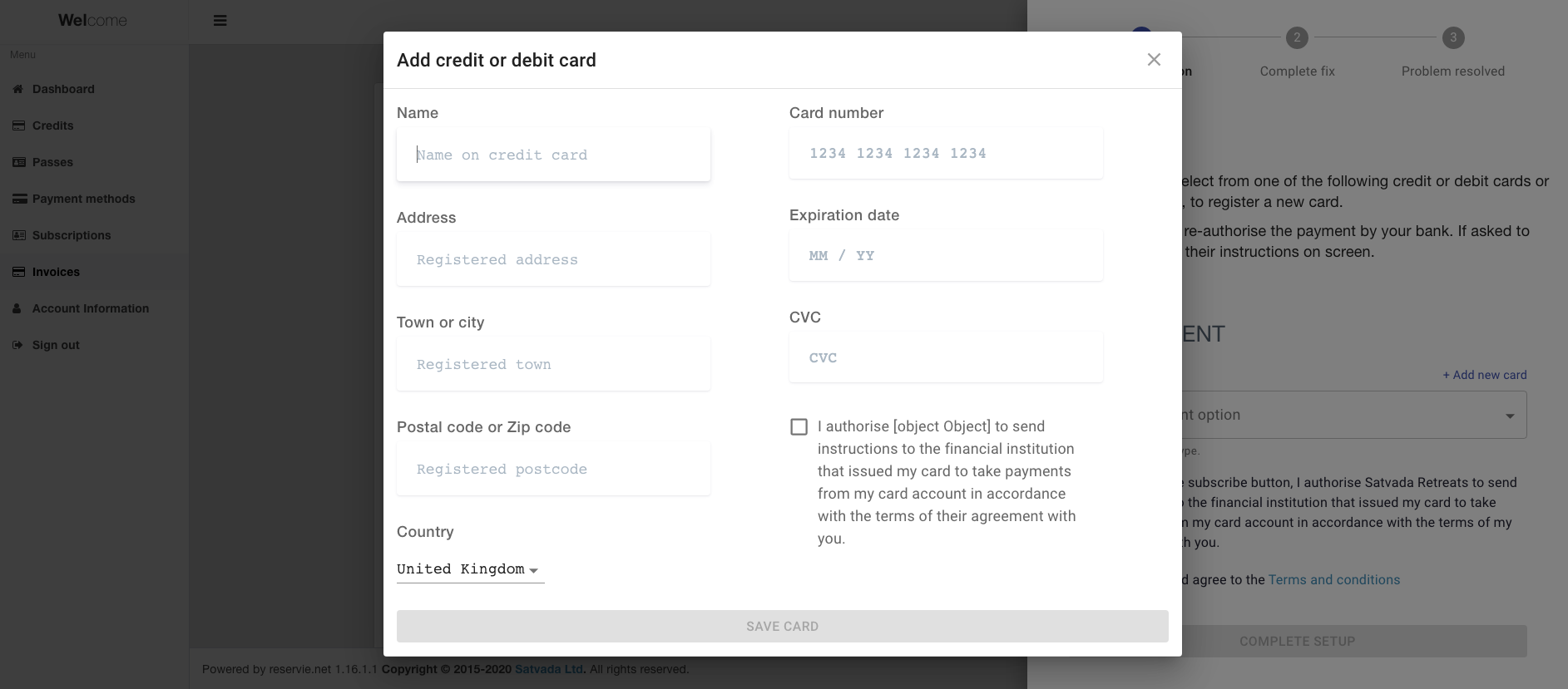 reservie add new card form for entering credit card details