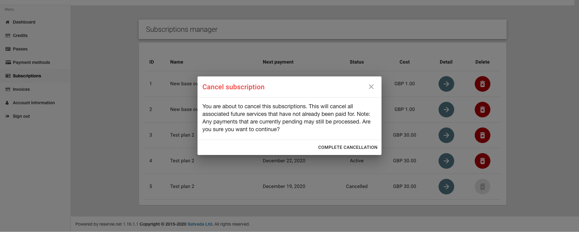 reservie mandate cancellation confirmation dialog