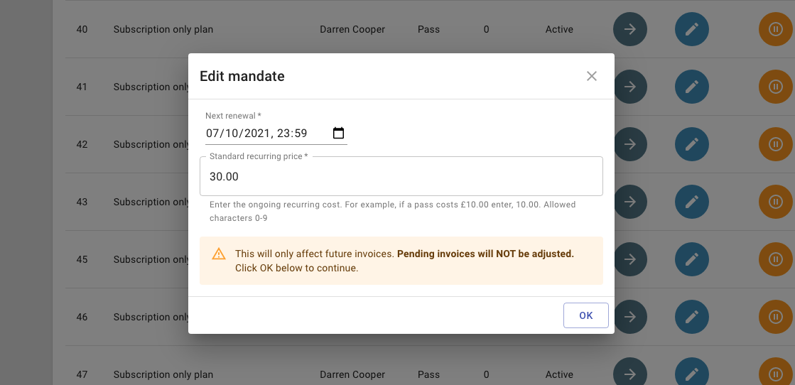 reservie mandate edit form with renewal date and recurring price fields