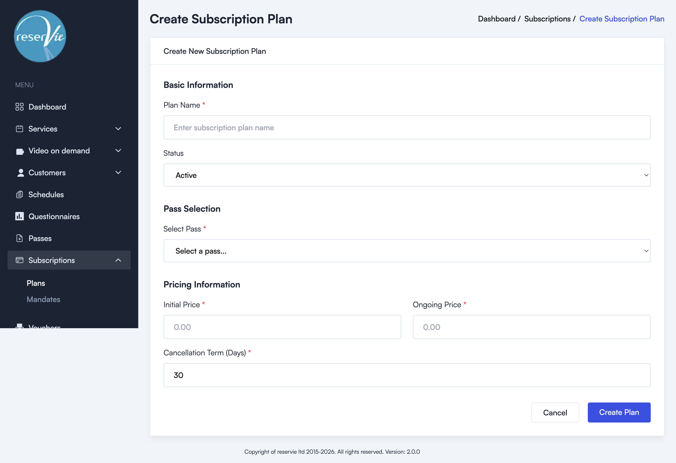 Create Subscription Plan form showing Basic Information, Pass Selection, and Pricing fields