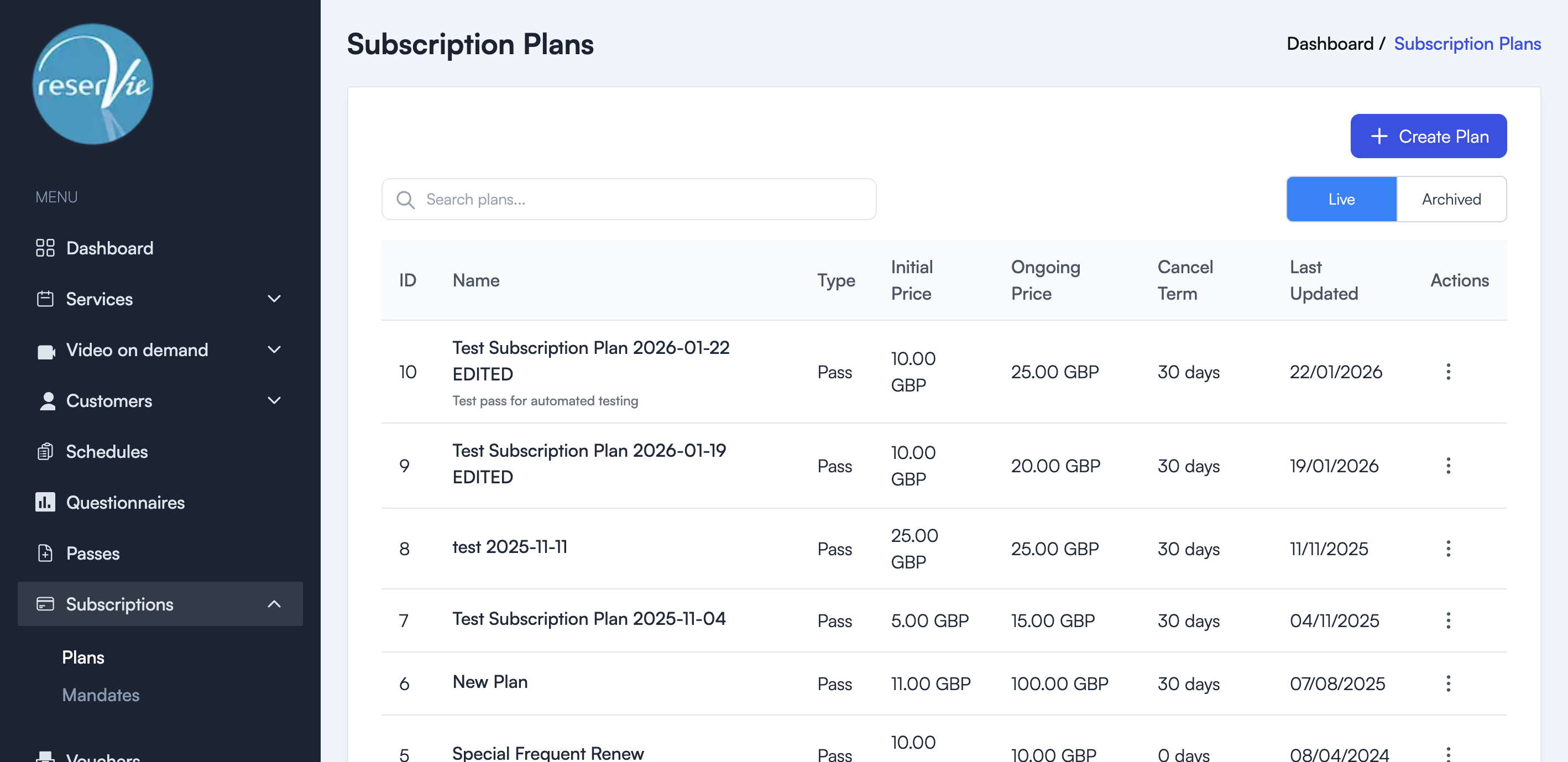 Subscription Plans page showing a list of plans with Live and Archived tabs