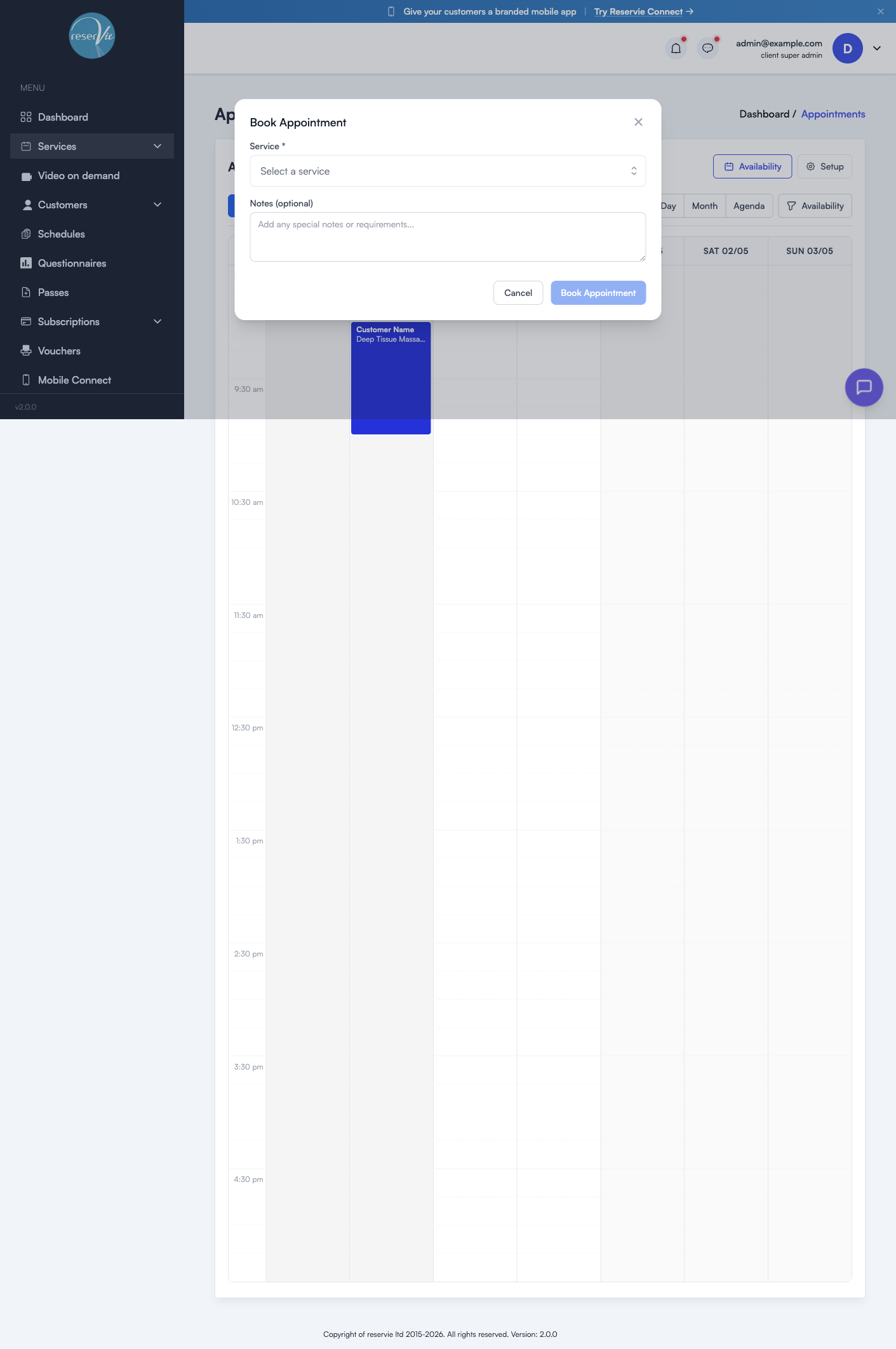 Book Appointment modal with a Service dropdown and Notes textarea