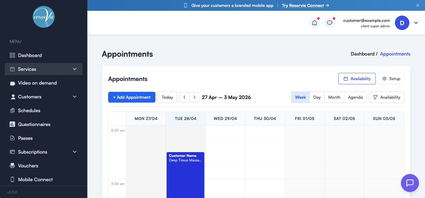 Appointments calendar showing the weekly view with a single booking visible, plus the toolbar with Add Appointment, view toggles, and Availability/Setup buttons