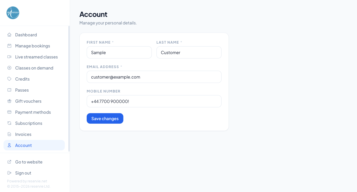 Customer Portal Account page showing the Account heading, "Manage your personal details" subtitle, and form fields for First name, Last name, Email address and Mobile number, plus a Save changes button. Real values masked