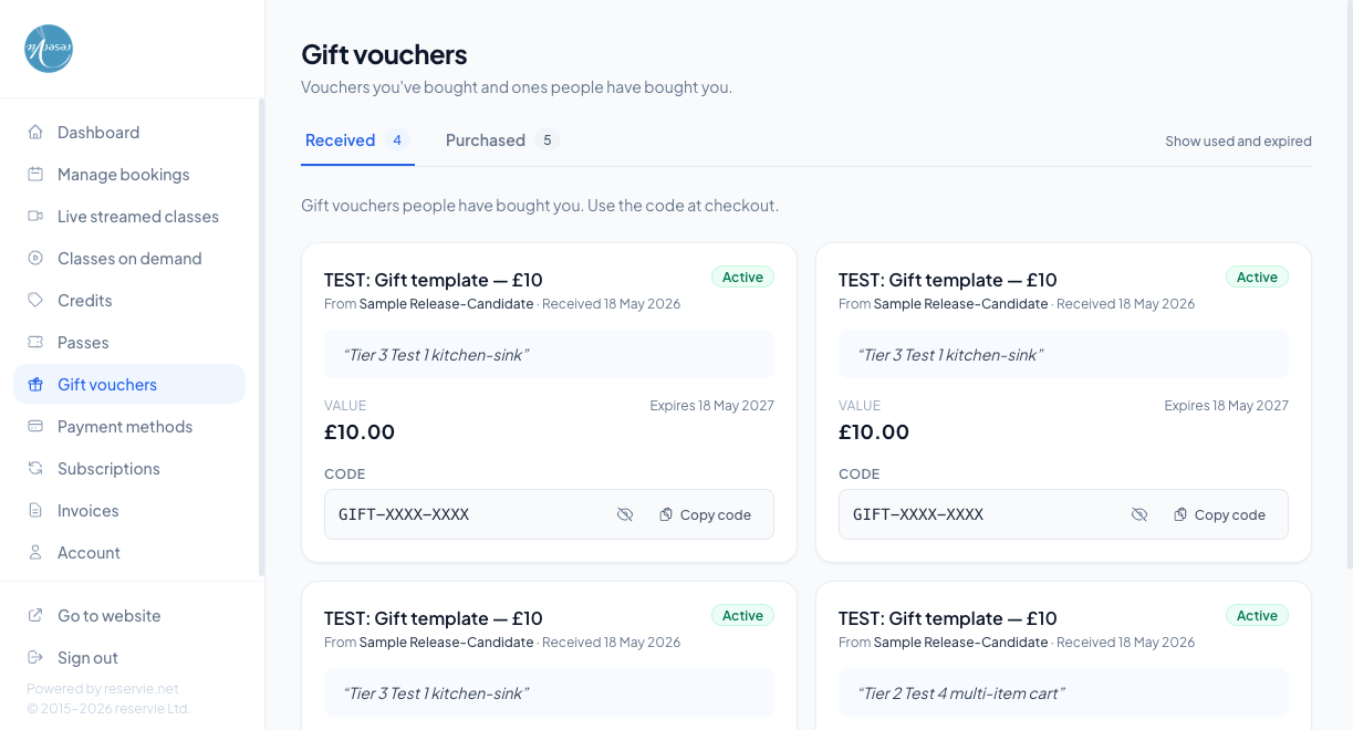 Customer Portal Gift Vouchers page showing the Received tab with vouchers visible as cards. Each card shows the voucher template name, sender, received date, message, value, expiry, and a redemption code with show/hide and copy buttons. Codes are masked in this screenshot