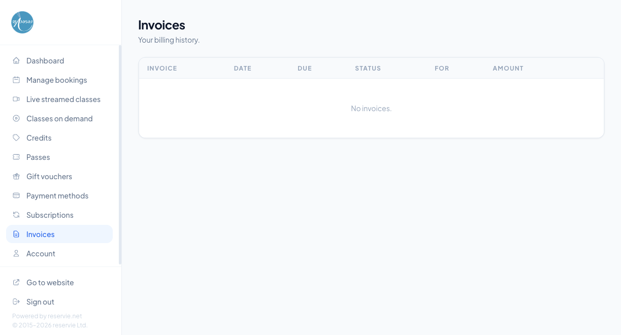 Customer Portal Invoices page showing the Invoices heading, "Your billing history" subtitle, and a table with Invoice, Date, Due, Status, For, Amount columns. The example account has no invoices