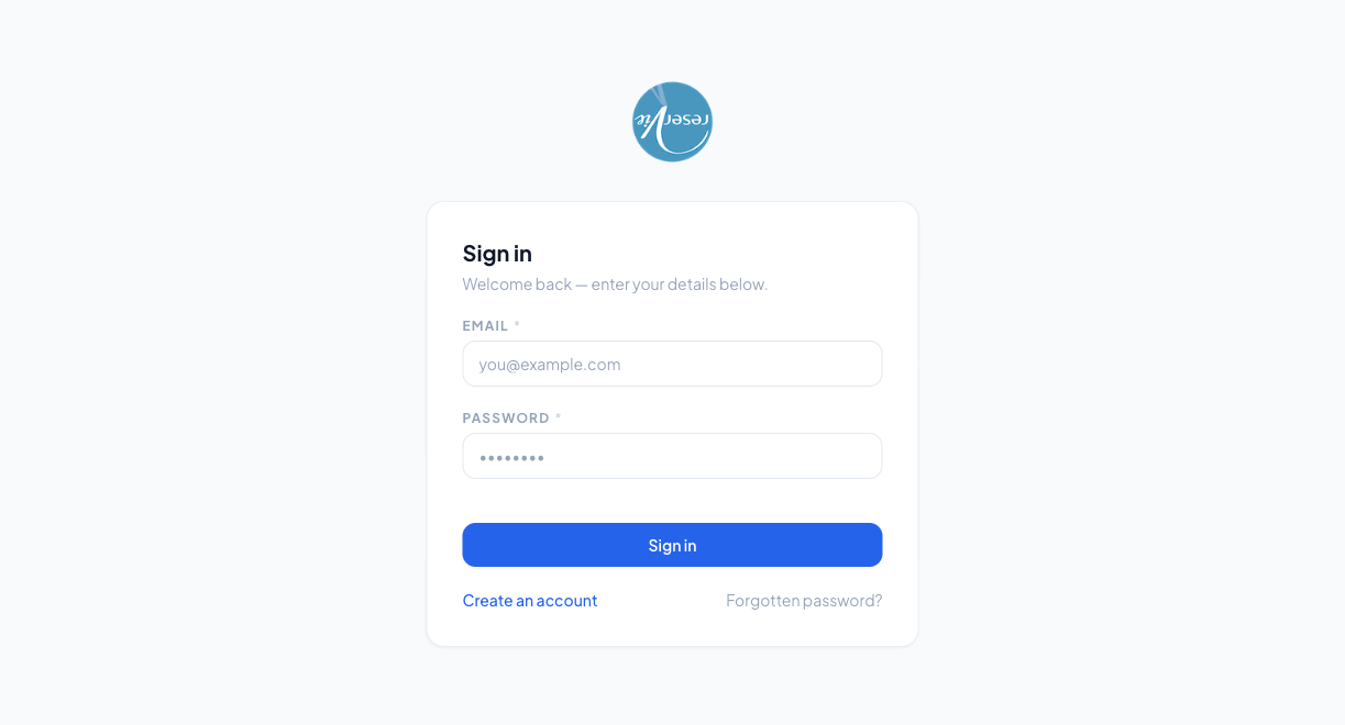 Customer Portal login page showing the business logo, "Sign in" heading, Email and Password fields, a disabled Sign in button, and links to Create an account and Forgotten password
