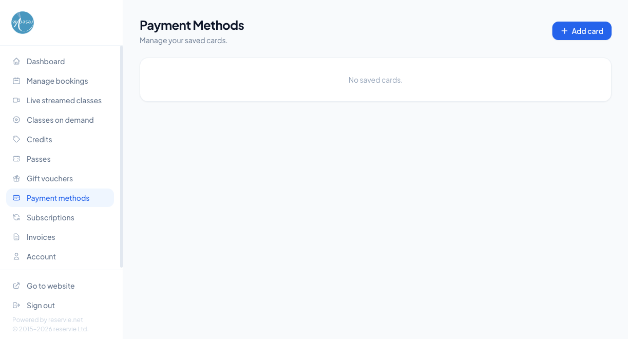Customer Portal Payment Methods page showing the Payment Methods heading, "Manage your saved cards" subtitle, an "Add card" button, and a "No saved cards." message