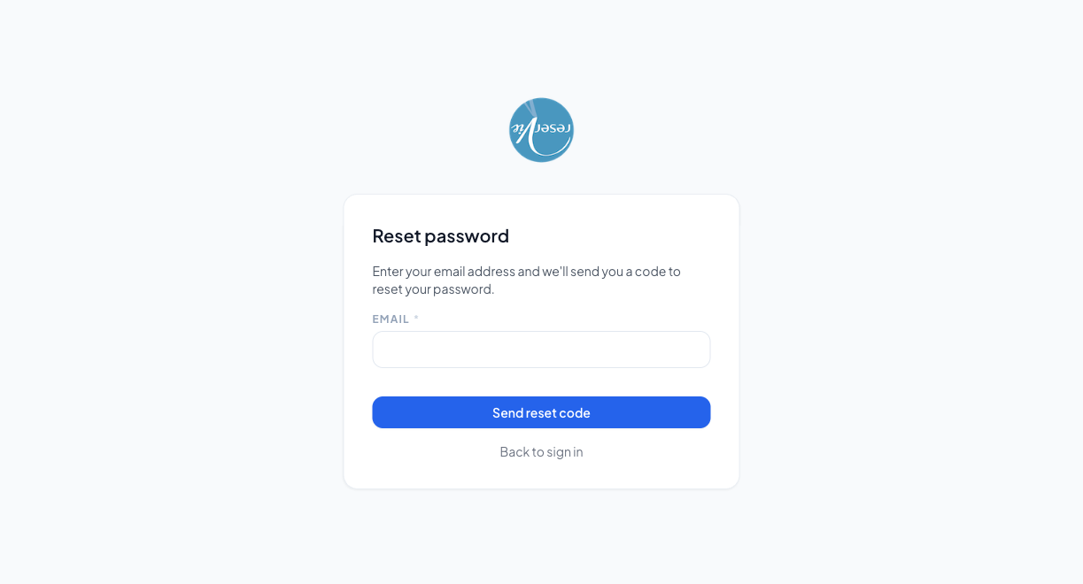 Customer Portal reset password page showing the business logo, Reset password heading, an Email field, a disabled Send reset code button, and a Back to sign in link