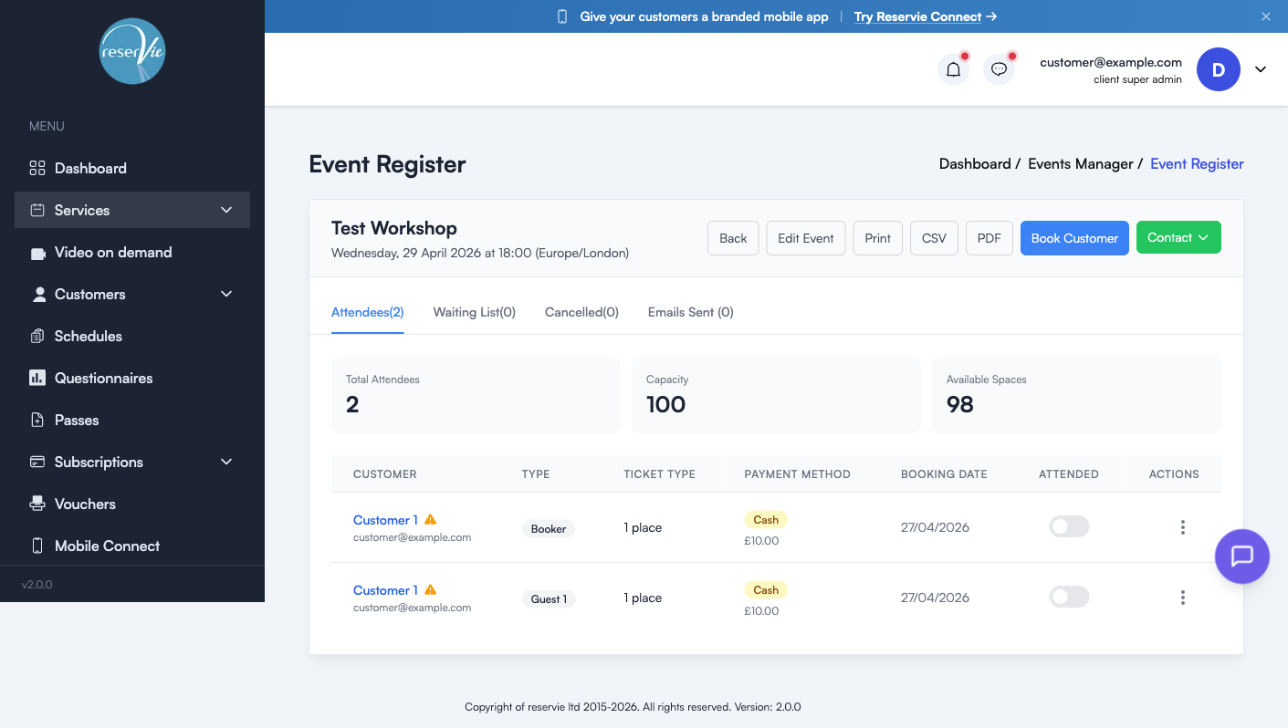 Event Register page showing event title, action buttons, tabs, stats, and the attendees table