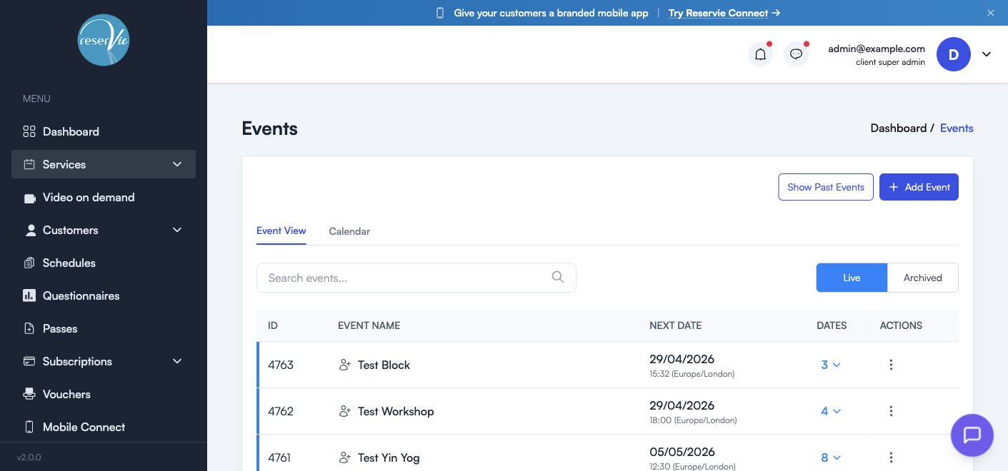 Events list showing the table with Live and Archived tabs, Event View / Calendar toggle, search box, and Add Event button