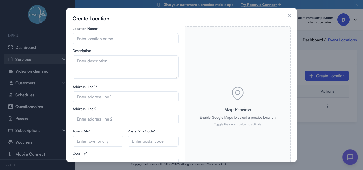 Create Location modal with Name, Description, Address Line 1, Address Line 2, Town/City, Postal/Zip Code fields and a Map Preview panel