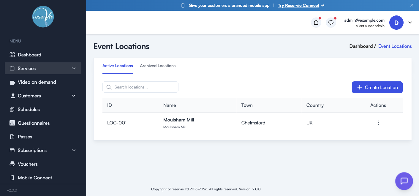 Locations list with Active Locations and Archived Locations tabs, showing ID, Name, Town, Country columns
