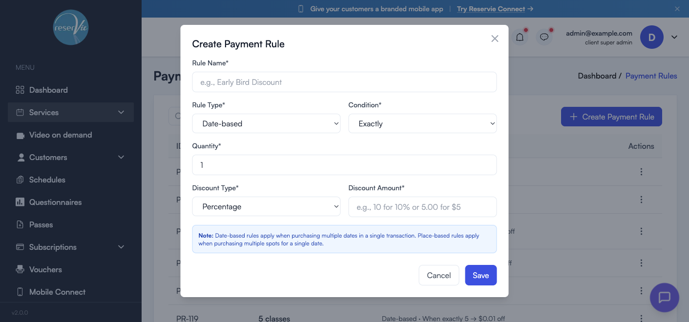 Create Payment Rule modal with Rule Name, Rule Type, Condition, Quantity, Discount Type, and Discount Amount fields