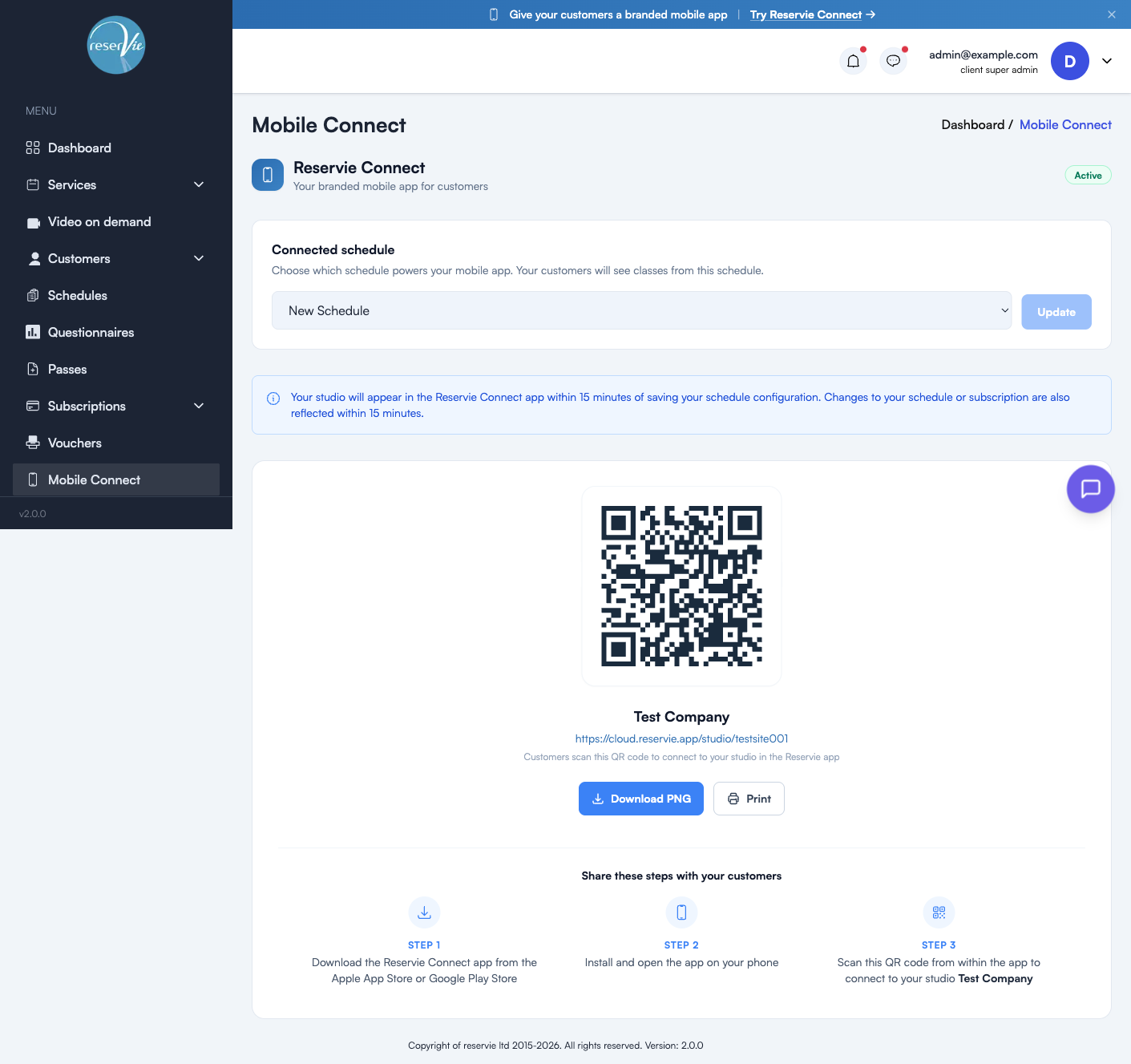 Mobile Connect setup page showing Active status, the connected schedule selector, info banner, QR code with the studio URL beneath, and the three-step customer instructions